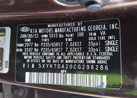 2012 Kia Sorento Lx V6 из США, поврежденный, VIN 5XYKTDA20CG296286